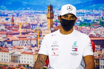 SCARPERIA, ITALY - SEPTEMBER 13: Race winner Lewis Hamilton of Great Britain and Mercedes GP talks in a press conference after the F1 Grand Prix of Tuscany at Mugello Circuit on September 13, 2020 in Scarperia, Italy. (Photo by Florent Gooden - Pool/Getty Images)