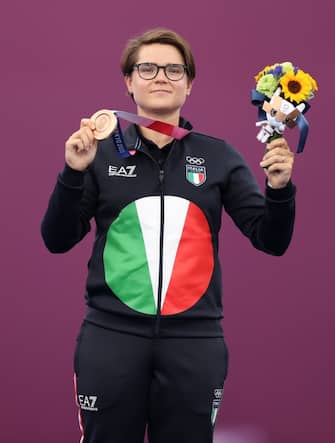 TOKYO, JAPAN - JULY 30: Lucilla Boari of Team Italy poses with the bronze medal for the archery Women’s Individual competition on day seven of the Tokyo 2020 Olympic Games at Yumenoshima Park Archery Field on July 30, 2021 in Tokyo, Japan. (Photo by Justin Setterfield/Getty Images)