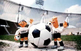 The official mascots for the 1974 World Cup, Tip and Tap, prepare to kick off on the centre spot of Munich's Olympiastadion, venue for the 1974 World Cup Final  (Photo by S&G/PA Images via Getty Images)