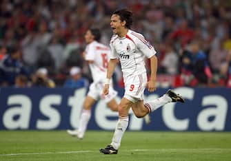 ATHENS, GREECE - MAY 23:  Filippo Inzaghi of Milan celebrates after scoring the opening goal during the UEFA Champions League Final match between Liverpool and AC Milan at the Olympic Stadium on May 23, 2007 in Athens, Greece.  (Photo by Shaun Botterill/Getty Images)