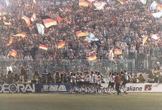 ROME - JULY 8:  West Germany players celebrate following the 1990 FIFA World Cup Final against Argentina at Stadio Olimpico on July 8, 1990 in Rome, Italy. (Photo by Robert Riger/Getty Images)