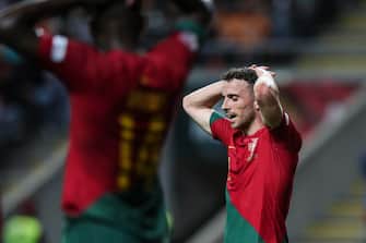 epa10210636 Portugal's Diogo Jota reacts during the UEFA Nations League soccer match between Portugal and Spain at the Municipal stadium in Braga, Portugal, 27 September 2022.  EPA/JOSE COELHO