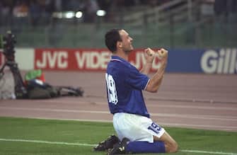 30 Jun 1990:   Salvatore Schillaci of Italy celebrates as he scores a goal during the World Cup Quarter Final match against the Republic of Ireland in Rome. Italy won the match 1-0. \ Mandatory Credit: Billly  Stickland/Allsport