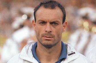 NAPLES, ITALY:  Portrait of Italian forward Salvatore Schillaci taken before the start of the World Cup semifinal soccer match between Italy and Argentina 03 July 1990 in Naples.  AFP PHOTO/GEORGES GOBET (Photo credit should read GEORGES GOBET/AFP via Getty Images)