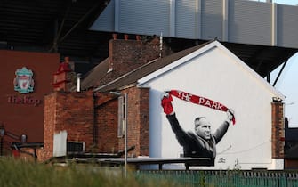 LIVERPOOL, ENGLAND - JUNE 25:  A general view of the stadium and Bill Shankly mural at Anfield on June 25, 2020 in Liverpool, England. Liverpool are on the brink of becoming Premier League champions as nearest rivals Manchester City require a victory against Chelsea this evening to prolong their wait for their first championship in 30 years. (Photo by Jan Kruger/Getty Images)