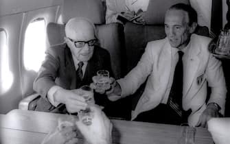 A file photo shows former Italian head coach of Italian soccer team, Enzo Bearzot (R), while he celebrates on the airplane with Italian President Sandro Pertini (L) after the victory of the 1982 Soccer World Championships. 
ANSA