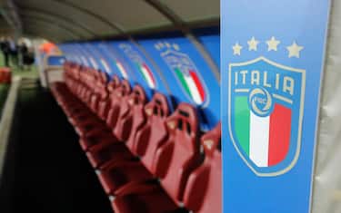 New logo of the Italian Football Federation (FIGC) is seen decorating the bench during the 2018 FIFA World Cup Russia qualifier Group G football match between Italy and FYR Macedonia at Stadio Olimpico on October 6, 2017 in Turin, Italy. (Photo by Mike Kireev/NurPhoto via Getty Images)