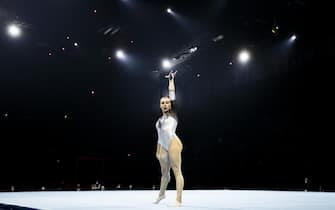 epa09158364 Italy's Vanessa Ferrari performs the floor exercise during the women's apparatus finals of the 2021 European Artistic Gymnastics Championships in Basel, Switzerland, 25 April 2021.  EPA/ALEXANDRA WEY