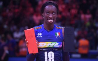 Italy player Paola Egonu hold her MVP prize after the FIVB Volleyball Nations League Women's final match between Italy and Brazilin Ankara Arena Sports Hall, Turkey, on 17 July 2022. Photo by Abdurrahman Antakyali/Depo Photos/ABACAPRESS.COM