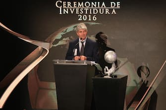 epa08873621 (FILE) - Italian former soccer player Paolo Rossi speaks after being introduced into the Hall of Fame of Pachuca soccer club in Pachuca, 08 November 2016 (reissued 10 December 2020). According to news reports, Paolo Rossi died aged 64 on 09 December 2020. As part of FIFA's 100th anniversary, in 2004 Rossi was named as one of the Top 125 greatest living footballers.  EPA/DAVID MARTINEZ PELCASTRE