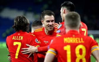 Wales' Aaron Ramsey (second left) celebrates scoring his side's second goal of the game during the UEFA Euro 2020 Qualifying match at the Cardiff City Stadium.