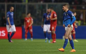 Palermo, Italy, 24th March 2022. Marco Verratti of Italy reacts after the team conceded an injury time goal to Alekasandar Trajkovski of North Macedonia during the FIFA World Cup 2022 - European Qualifying match at Renzo Barbera Stadium, Palermo. Picture credit should read: Jonathan Moscrop / Sportimage via PA Images