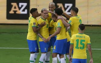 Antony do Brasil, comemora o seu gol durante a partida entre Brasil e Paraguai, pela 16ª rodada das Eliminatórias Qatar 2022, no Estádio do Mineirão, nesta terça-feira 01. / PRESSINPHOTO