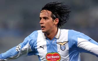 ROME, ITALY:  Lazio Rome's forward Simone Inzaghi jubilates after scoring a goal, during the Champion's League, Group D, game Lazio Rome vs Olympique de Marseille, 14 March 2000, at the Olympic Stadium in Rome.  (ELECTRONIC IMAGE) (Photo credit should read GABRIEL BOUYS/AFP via Getty Images)