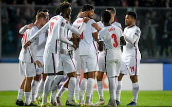 England team celebrate England's Jude Bellingham during the FIFA World Cup Qatar 2022 World Cup qualifiers - San Marino vs England on November 15, 2021 at the San Marino stadium in San Marino, Republic of San Marino (Photo by Ettore Griffoni/LiveMedia/NurPhoto via Getty Images)