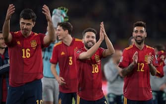 Spain's players celebrate after winning 1-0 the FIFA World Cup Qatar 2022 qualification group B football match between Spain and Sweden, at La Cartuja Stadium in Seville, on November 14, 2021. (Photo by JORGE GUERRERO / AFP) (Photo by JORGE GUERRERO/AFP via Getty Images)