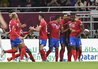 (220615) -- DOHA, June 15, 2022 (Xinhua) -- Costa Rica's Joel Campbell (1st R) celebrates scoring with teammates during the FIFA World Cup 2022 intercontinental play-offs match between Costa Rica and New Zealand at the Ahmed bin Ali Stadium, Doha, Qatar, June 14, 2022. (Photo by Nikku/Xinhua) - Nikku -//CHINENOUVELLE_XxjpsgE007277_20220615_PEPFN0A001/2206151132/Credit:CHINE NOUVELLE/SIPA/2206151142
