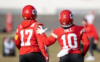 Kansas City Chiefs Wide Receiver Tyreek Hill (10) and Wide Receiver Mecole Hardman (17) fielding punts  during NFL football practice , seen in an image released to the media by the NFL, Wednesday February 3, 2021 in Kansas City, Mo. The Chiefs will face the Tampa Bay Buccaneers in Super Bowl 55.  (Steve Sanders/Kansas City Chiefs via AP/Sipa USA)**Mandatory Credit-Editorial Use Only**