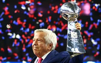 Feb 5, 2017; Houston, TX, USA; New England Patriots owner Robert Kraft hoists the Vince Lombardi Trophy after defeating the Atlanta Falcons during Super Bowl LI at NRG Stadium. Mandatory Credit: Mark J. Rebilas-USA TODAY Sports *** Please Use Credit from Credit Field ***