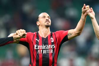 MILAN, ITALY - SEPTEMBER 12: (BILD OUT) Zlatan Ibrahimovic of AC Milan celebrate after winning during the Serie A match between AC Milan and SS Lazio at Stadio Giuseppe Meazza on September 12, 2021 in Milan, Italy. (Photo by Sportinfoto/DeFodi Images via Getty Images)