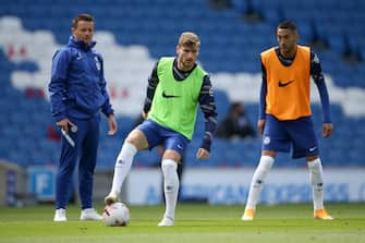 BRIGHTON, ENGLAND - AUGUST 29: Timo Werner of Chelsea warms up ahead of the pre-season friendly between Brighton & Hove Albion and Chelsea  at Amex Stadium on August 29, 2020 in Brighton, England. (Photo by Steve Bardens/Getty Images)