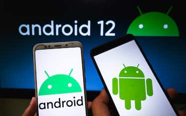 Android logo is seen displayed on a phone screen in this illustration photo taken in Tehatta, West Bengal, India on April 27, 2021. Google has announced the latest iteration of Android, Android 12. Two preview versions of Android 12 have already been released with a third one likely to be launched soon. Android 12 update will also increase the efficiency in video and image compression which helps in saving data.  (Photo by Soumyabrata Roy/NurPhoto via Getty Images)