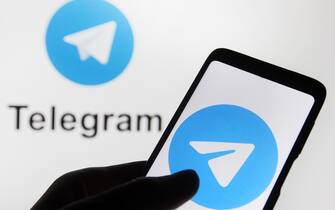 In this photo illustration, Telegram logo is seen displayed on a mobile phone screen in front of the logo. In the first week of January 2021, Telegram surpassed 500 million monthly active users, as the founder of Telegram Messenger Pavel Durov in your Telegram channel said on 12 January 2021, reportedly by media. (Photo by Pavlo Gonchar / SOPA Images/Sipa USA)