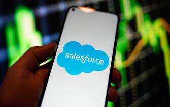 The SalesForce logo is seen on a Redmi phone screen in this photo illustration in Warsaw, Poland on 23 August, 2022. (Photo by STR/NurPhoto)