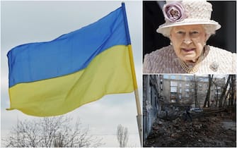 la bandiera ucraina, la regina elisabetta e una scena di guerra in ucraina