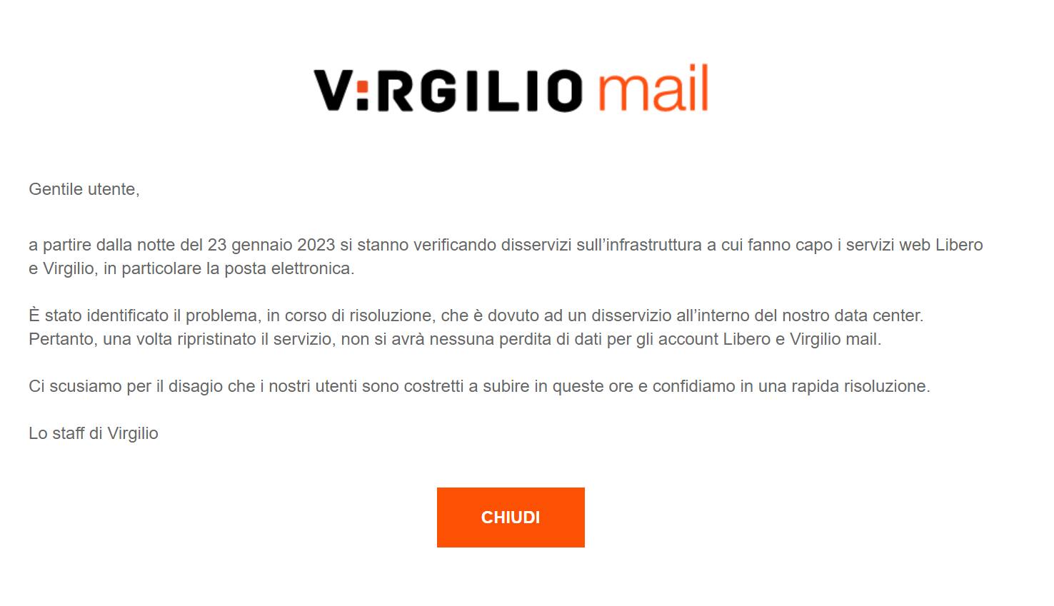 Virgilio mail down: il messaggio di scuse da parte dell'azienda per il disservizio