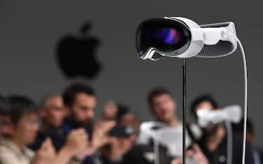 CUPERTINO, CALIFORNIA - JUNE 05: The new Apple Vision Pro headset is displayed during the Apple Worldwide Developers Conference on June 05, 2023 in Cupertino, California. Apple CEO Tim Cook kicked off the annual WWDC23 developer conference with the announcement of the new Apple Vision Pro mixed reality headset. (Photo by Justin Sullivan/Getty Images)
