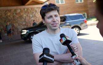 SUN VALLEY, IDAHO - JULY 11: Sam Altman, CEO of OpenAI, speaks to the media as he arrives at the Sun Valley Lodge for the Allen & Company Sun Valley Conference on July 11, 2023 in Sun Valley, Idaho. Every July, some of the world's most wealthy and powerful businesspeople from the media, finance, technology and political spheres converge at the Sun Valley Resort for the exclusive weeklong conference. (Photo by Kevin Dietsch/Getty Images)