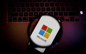 The Microsoft logo is seen on a mobile device screen in this photo illustration on January 31, 2019. (Photo by Jaap Arriens / Sipa USA)