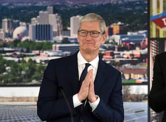 Jan 17, 2018; Reno, NV, USA; Apple CEO Tim Cook thanks a crowd for a standing ovation as he is introduced at the groundbreaking ceremony for Appleâ  s downtown Reno facility. Mandatory credit: Andy Barron/Gazette Journal via USA TODAY NETWORK/Sipa USA