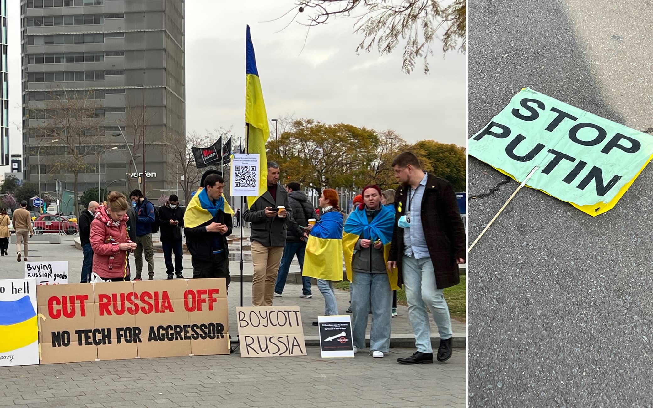 All’esterno della Fiera di Barcellona manifestazioni di solidarietà a favore dell’Ucraina
