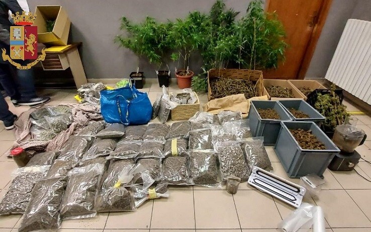 Rifornivano di droga la movida di Torino, 7 arresti Si definivano soci di un'attività agricola dedita alla coltivazione della canapa tessile, meglio nota come marijuana 'legale', in realtà vendevano sostanza stupefacente al dettaglio che autoproducevano in un terreno situato nel Torinese, Torino, 12 ottobre 2020. Sette persone sono state arrestate per detenzione e spaccio di droga. Si tratta di italiani tra i 35 ed i 40 anni, sospettati di rifornire di stupefacente San Salvario, il quartiere della movida di Torino. L'operazione ha portato al sequestro di oltre 63 chili di droga. ANSA / Questura di Torino +++ ANSA PROVIDES ACCESS TO THIS HANDOUT PHOTO TO BE USED SOLELY TO ILLUSTRATE NEWS REPORTING OR COMMENTARY ON THE FACTS OR EVENTS DEPICTED IN THIS IMAGE; NO ARCHIVING; NO LICENSING +++