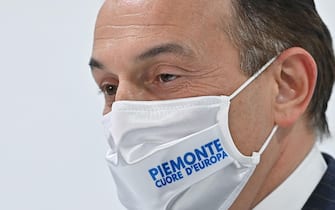 Alberto Cirio presidente della regione Piemonte durante la conferenza stampa su situazione Covid e vaccinazioni presso la sala trasparenza della regione Piemonte, Torino, 18 marzo 2021 ANSA/ALESSANDRO DI MARCO