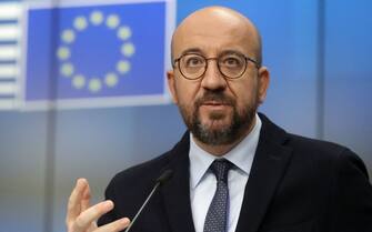 European Council President Charles Michel gives a press conference at the end of the first day of a two-days video conference of the Members of the European Council on the Covid-19 pandemic, in Brussels, on February 25, 2021. - EU council says EU leaders will take stock of the epidemiological situation.  They will continue working to coordinate the response to the COVID-19 pandemic, focusing in particular on the authorisation, production and distribution of vaccines and the movement of persons.  (Photo by Olivier HOSLET / POOL / AFP) (Photo by OLIVIER HOSLET/POOL/AFP via Getty Images)