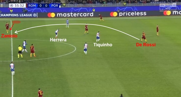 Zaniolo taglia e De Rossi va in verticale su di lui nicolo zaniolo, daniele de rossi