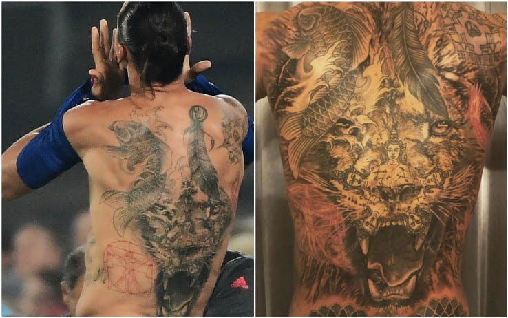 180331 Tattoos on the back of LA Galaxys Zlatan Ibrahimovic during the  football match in MLS