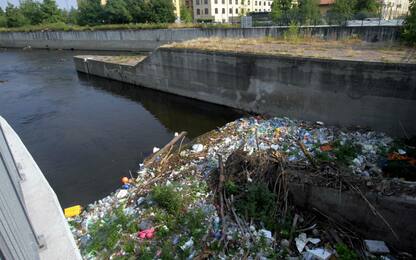 Milano, "isola" di rifiuti di plastica sul Naviglio Pavese
