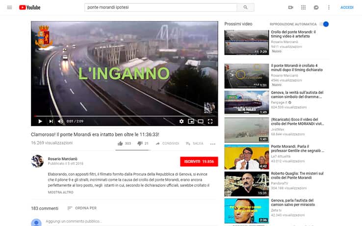 Uno dei video più raccomandati da YouTube con la ricerca "Ponte Morandi ipotesi"