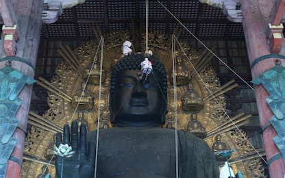 Pulizia del Grande Buddha di Nara