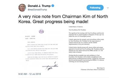 Trump mostra su Twitter la lettera di Kim Jong-un: "Grandi progressi"