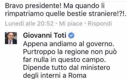 Liguria, Toti risponde a una frase razzista su Facebook: è polemica