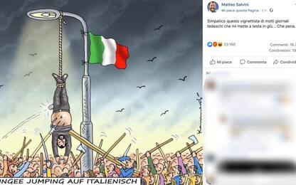 Vignetta con Salvini a testa in giù come Mussolini. Lui: “Che pena”